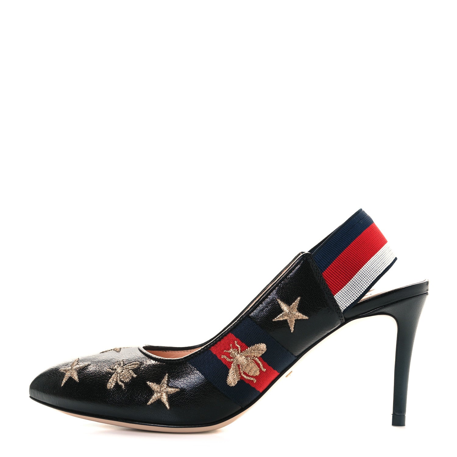 Gucci Malaga Kid Web Bee Star Embroidered Sylvie High Heel Slingback Pumps 37 Black 1 of 9