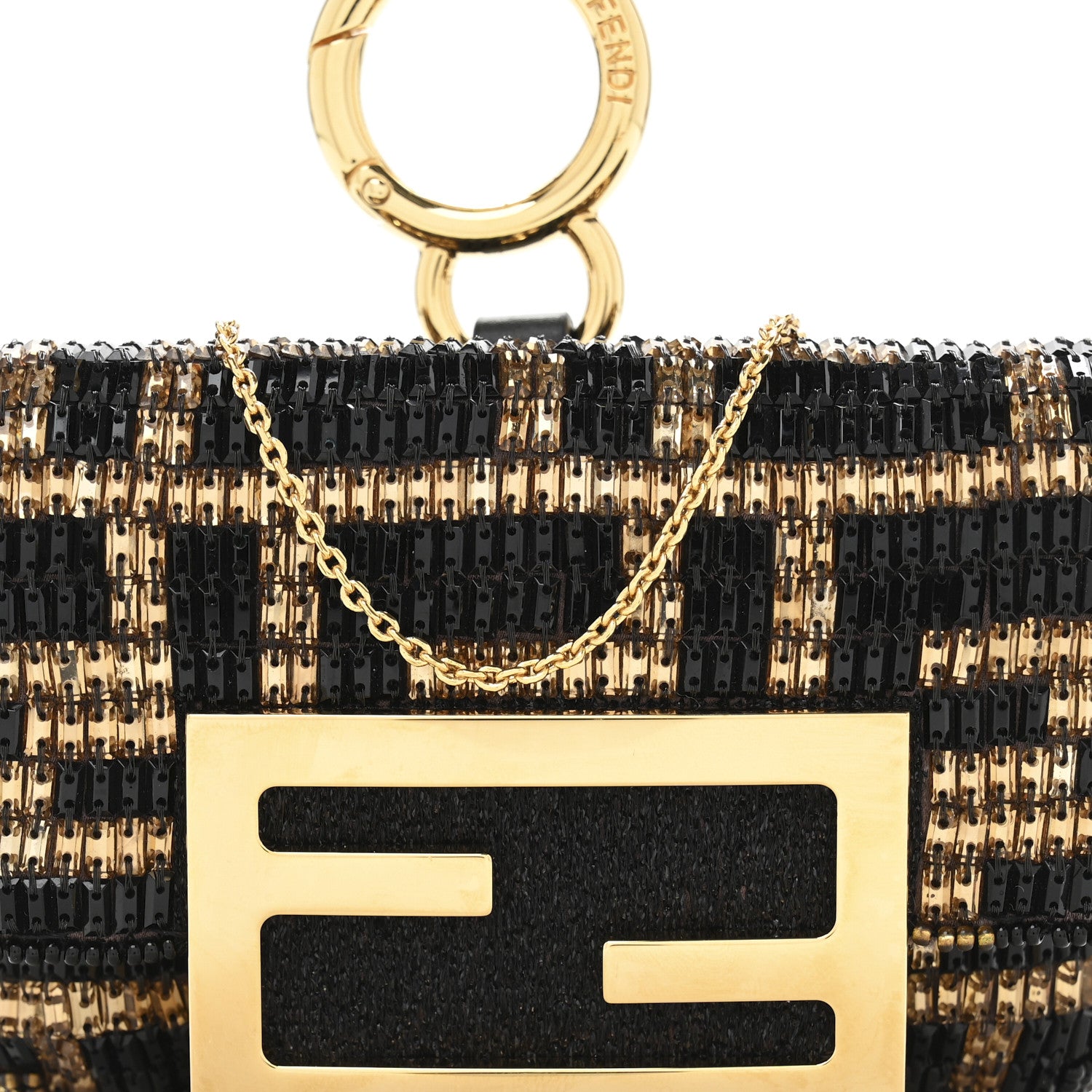 Fendi Crystal Vitello King FF Beaded Nano Maxi Buckle Baguette Charm Moro Black 8 of 12