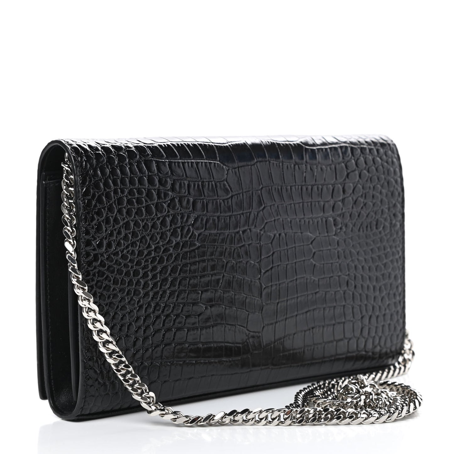 Calfskin Crocodile Embossed Monogram Chain Wallet Black