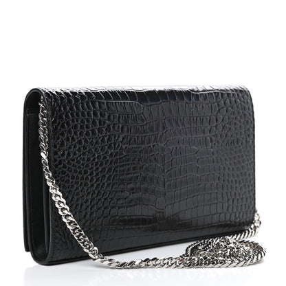 Saint Laurent Calfskin Crocodile Embossed Monogram Chain Wallet Black 3 of 15