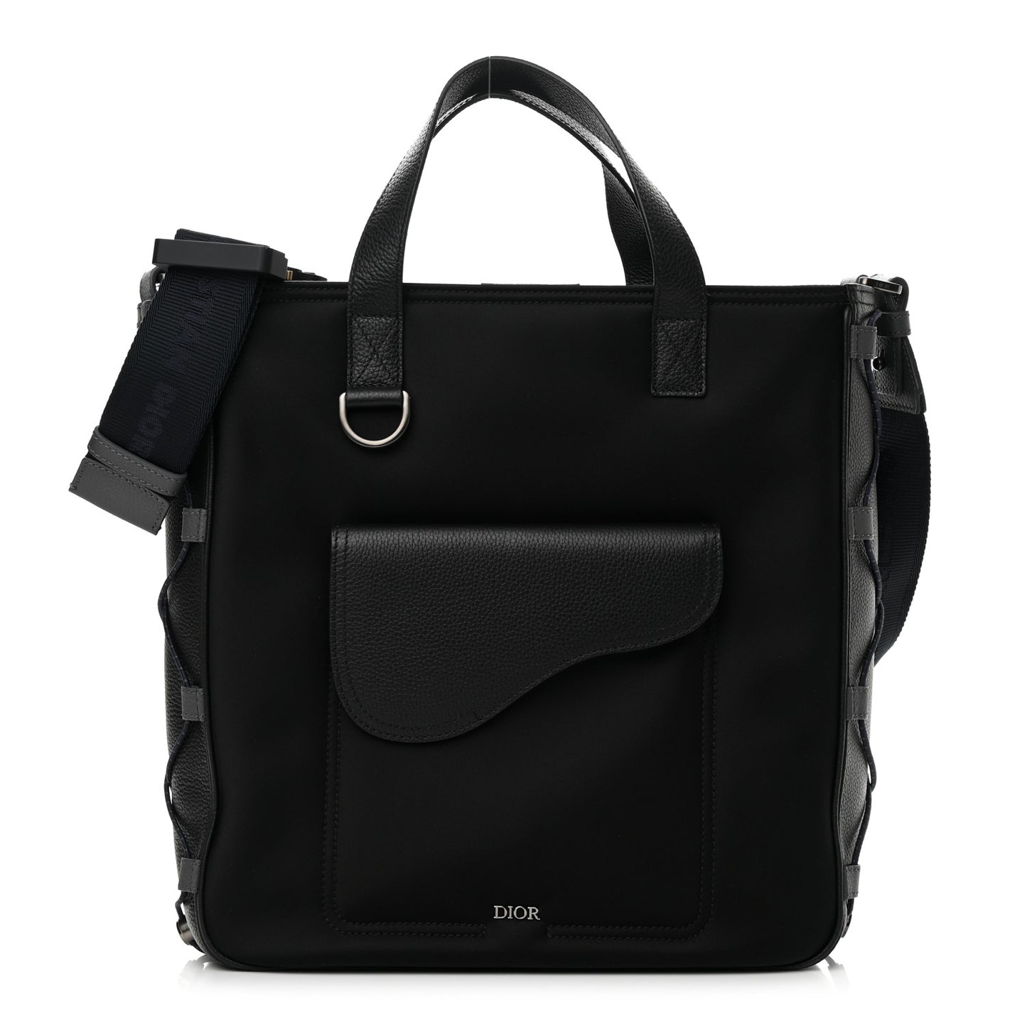 Nylon Grained Calfskin Saddle Tote Black