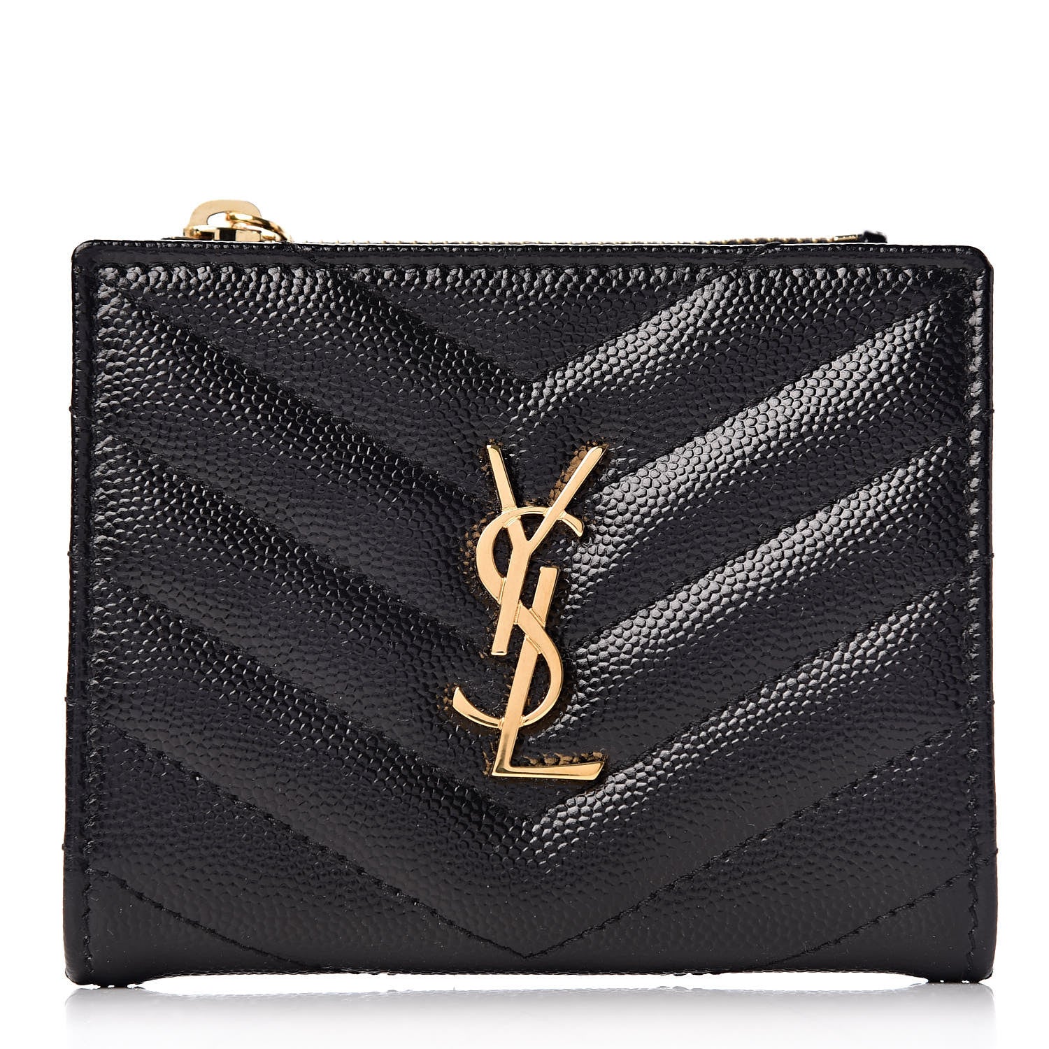 Saint Laurent Grain De Poudre Matelasse Chevron Monogram Zipped Card Case Black 1 of 8