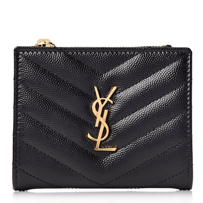 Saint Laurent Grain De Poudre Matelasse Chevron Monogram Zipped Card Case Black 1 of 8