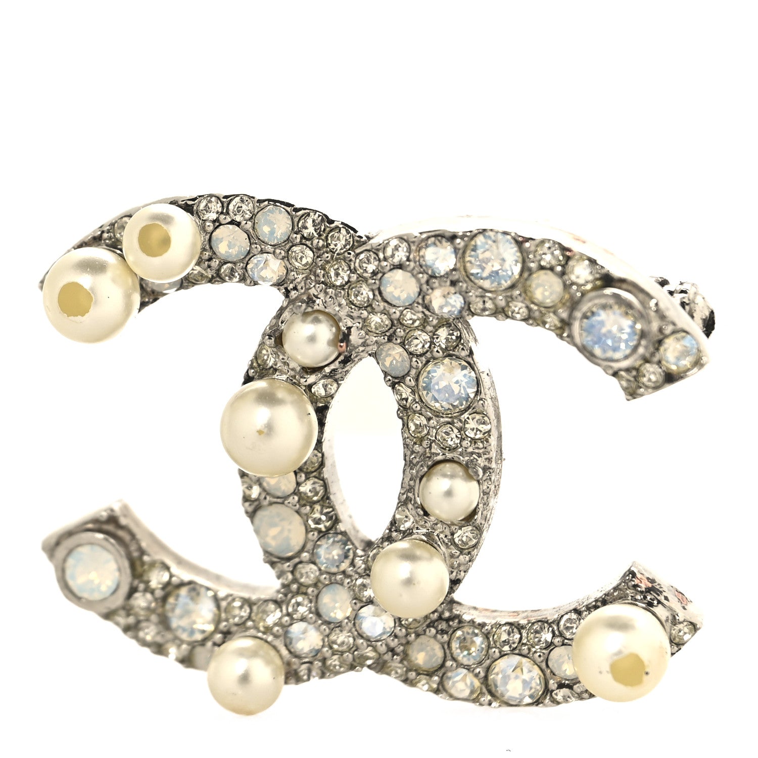 Chanel Metal Crystal Graduated Pearl CC Brooch Silver 4 of 4