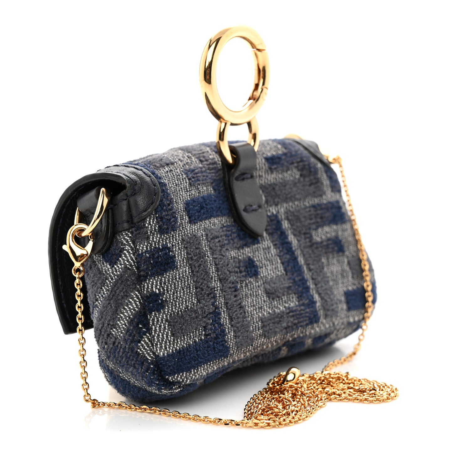 Fabric Vitello Jacquard FF Nano Maxi Buckle Baguette Charm Blue Grey