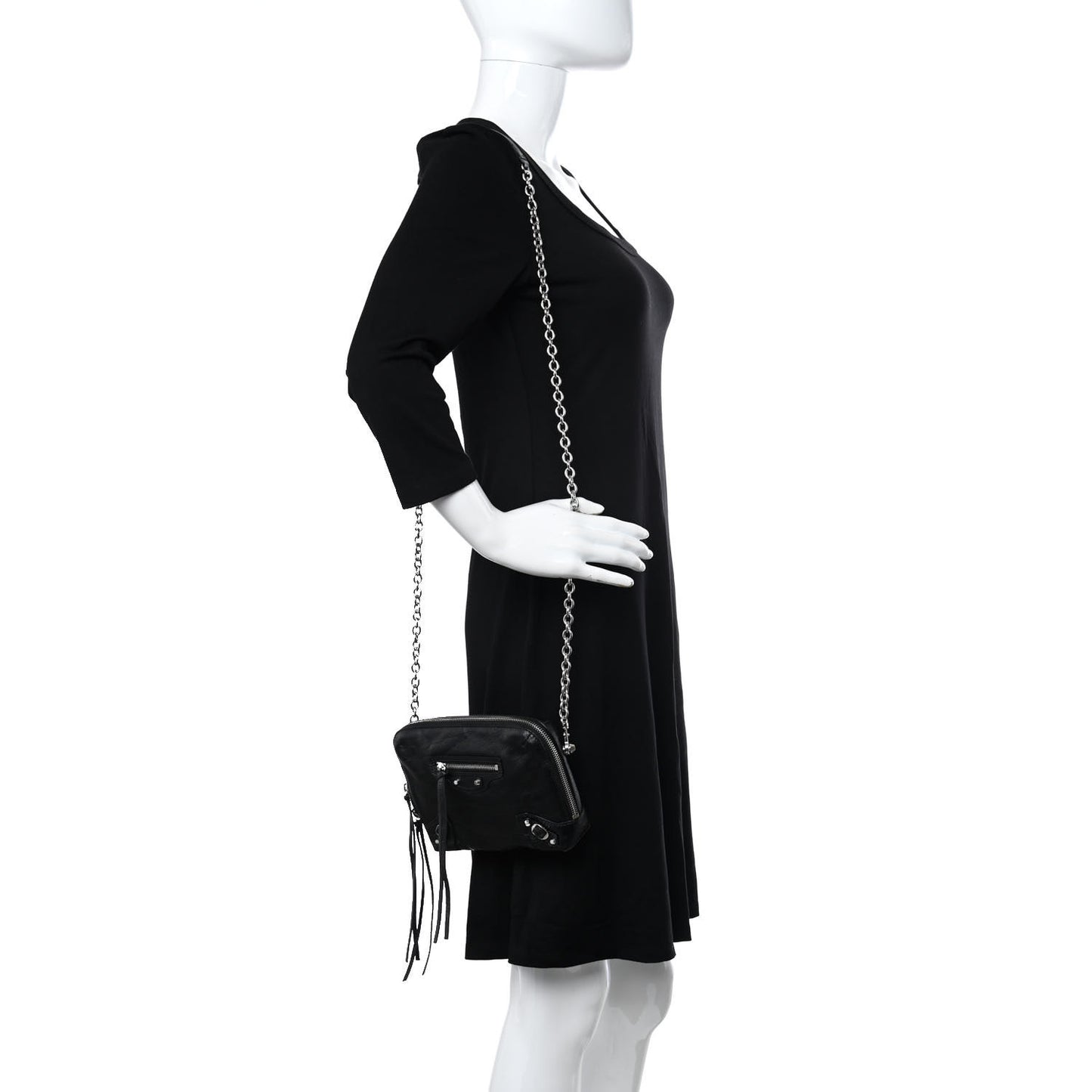 Agneau Classic Silver Hardware Pouch With A Chain Crossbody Black