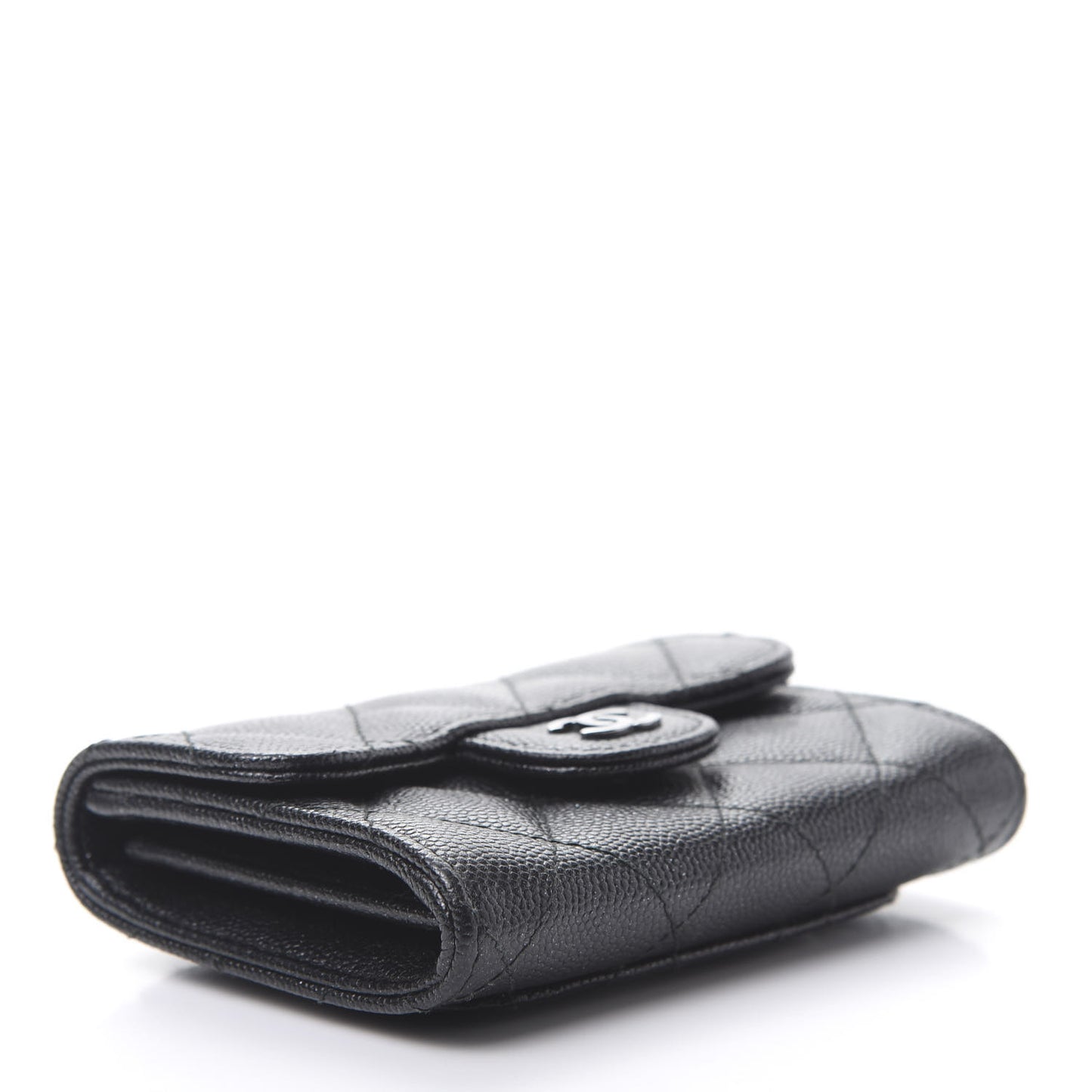 Iridescent Caviar Quilted Flap Card Holder Wallet Black