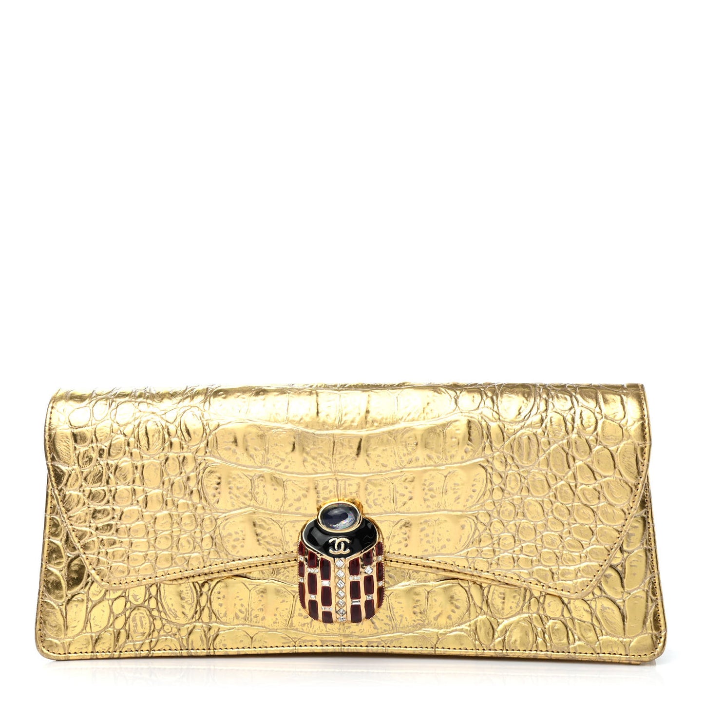 Metallic Calfskin Crocodile Embossed Cocodile Clutch Gold