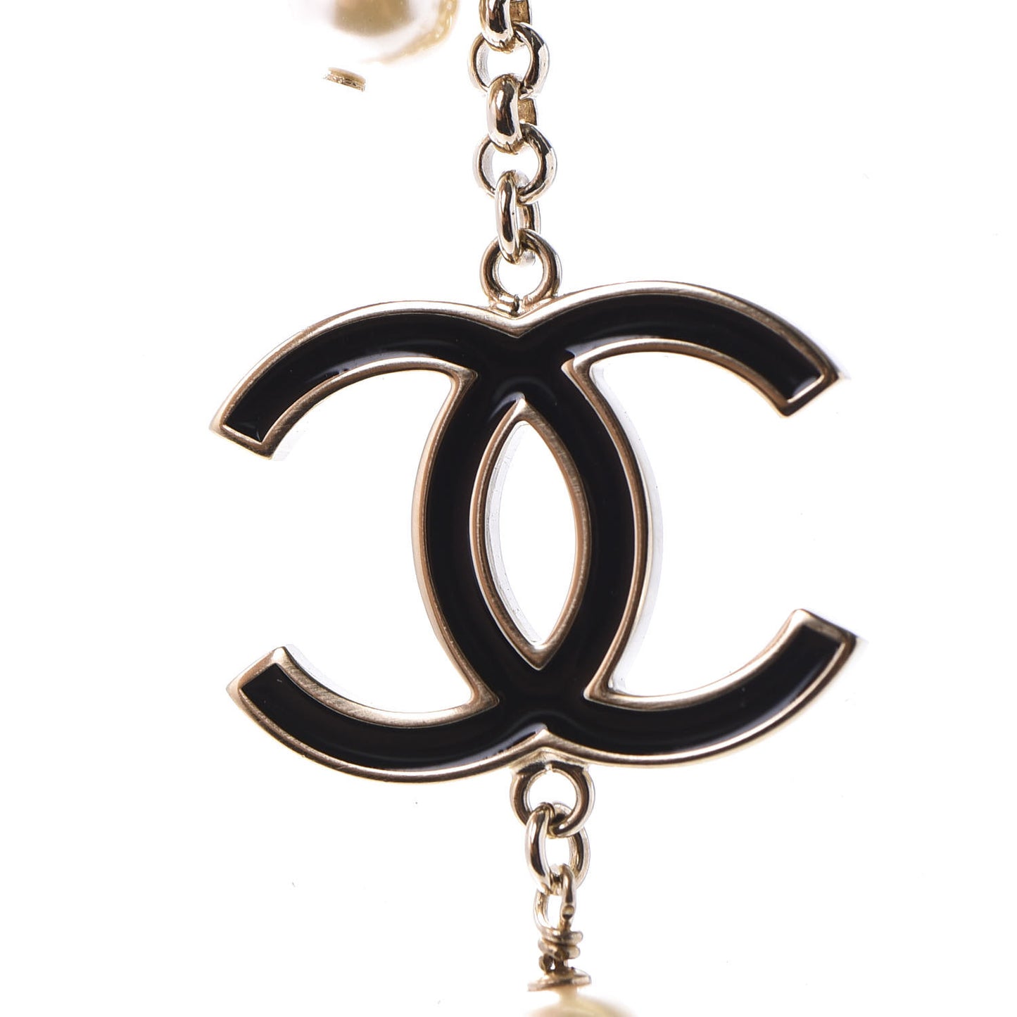 Pearl Beaded Enamel CC Coco Long Necklace Black Gold