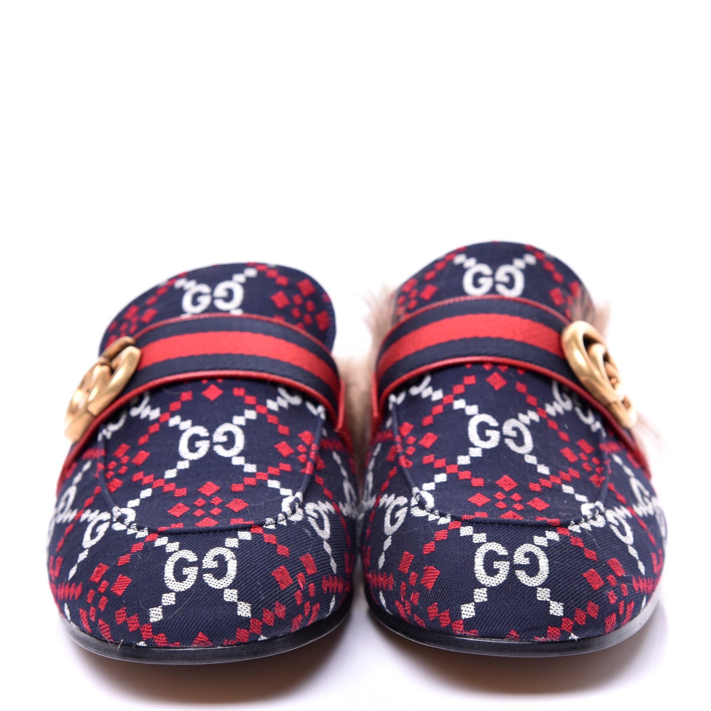 Canvas GG Monogram Diamond Fur Web GG Mens Princetown Slippers 7.5 Midnight Blue Hibiscus Red