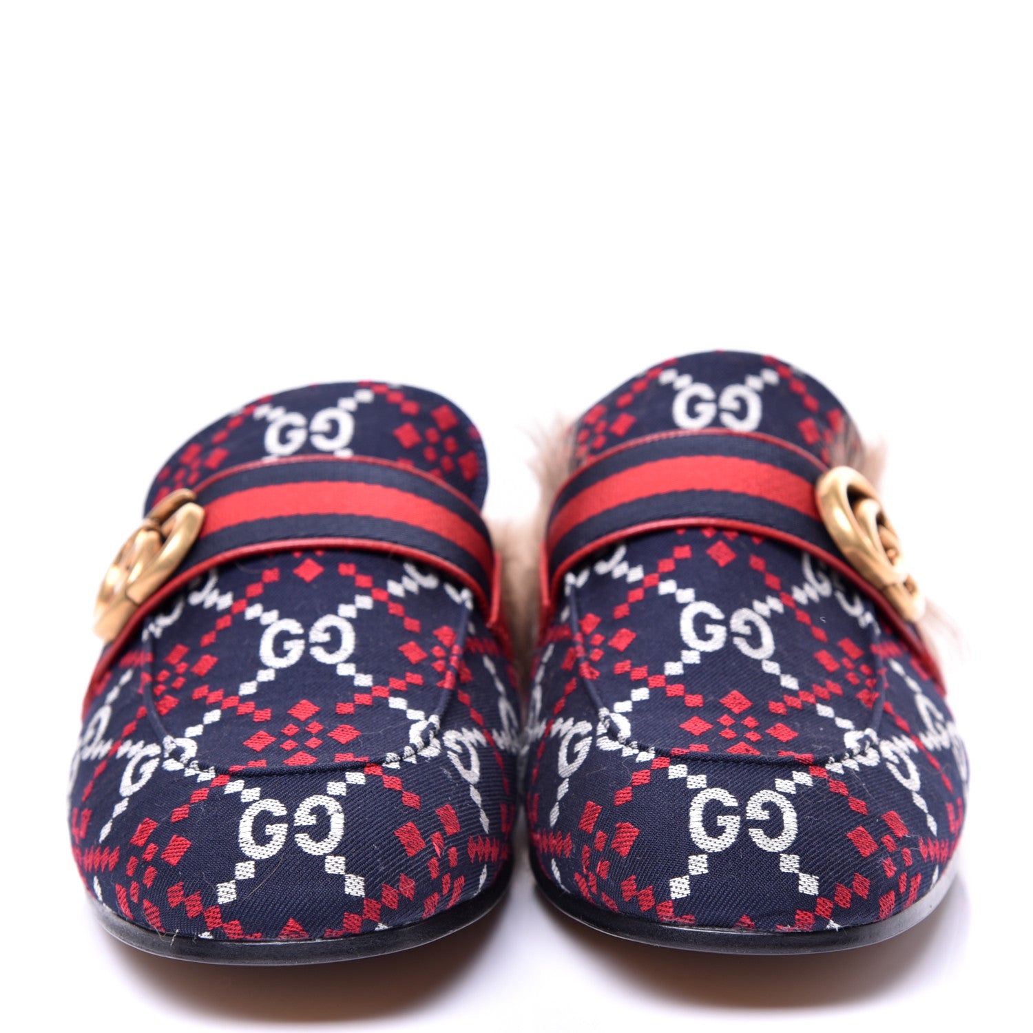 Gucci Canvas GG Monogram Diamond Fur Web GG Mens Princetown Slippers 7.5 Midnight Blue Hibiscus Red 2 of 9