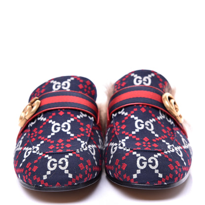 Gucci Canvas GG Monogram Diamond Fur Web GG Mens Princetown Slippers 7.5 Midnight Blue Hibiscus Red 2 of 9