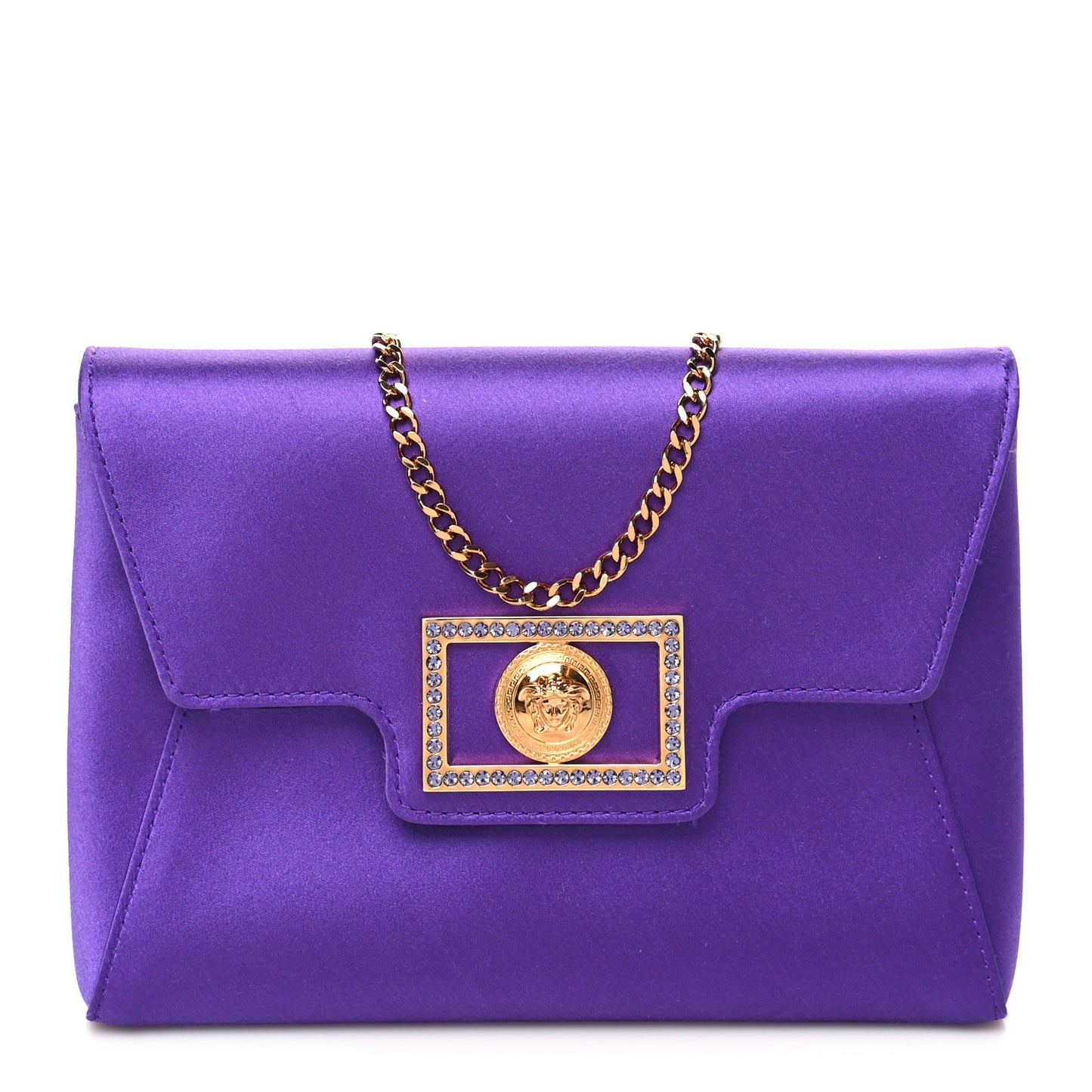 Satin Crystal Embellished La Medusa Pouch On Chain Purple