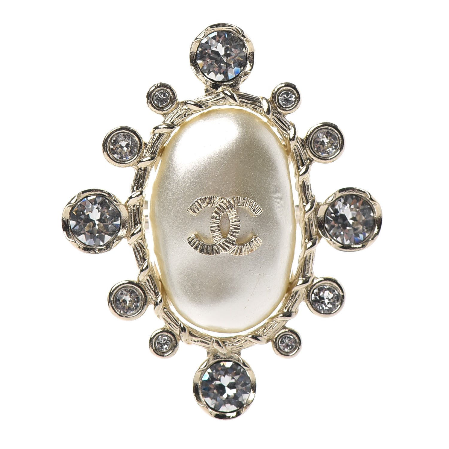 Chanel Pearl Crystal CC Ring 6 Gold Pearly White 1 of 6