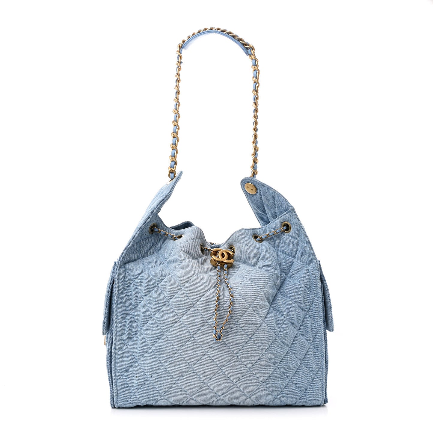 Washed Denim Quilted Medium Chanel 25 Handbag Blue