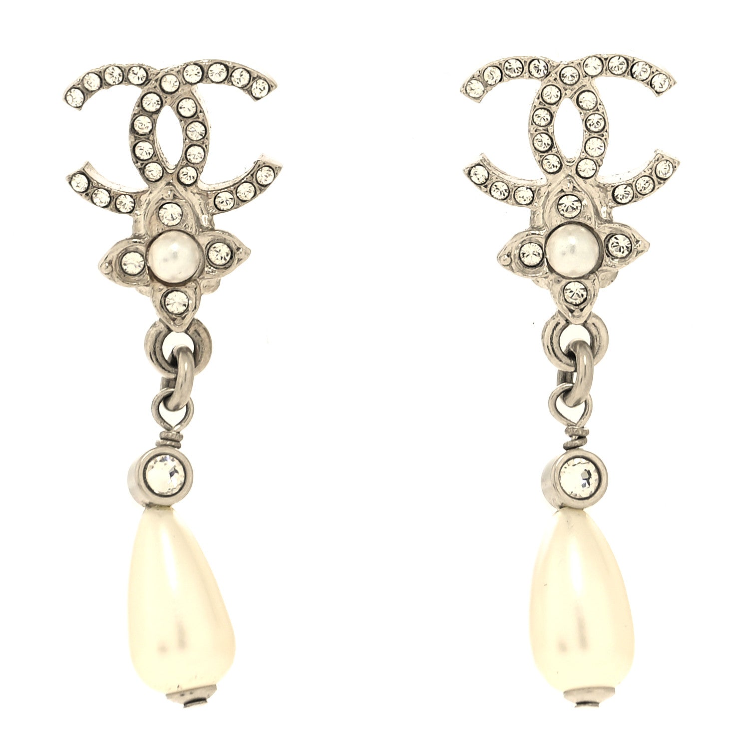 Chanel Crystal Pearl Flower CC Drop Earrings Silver 1 of 5
