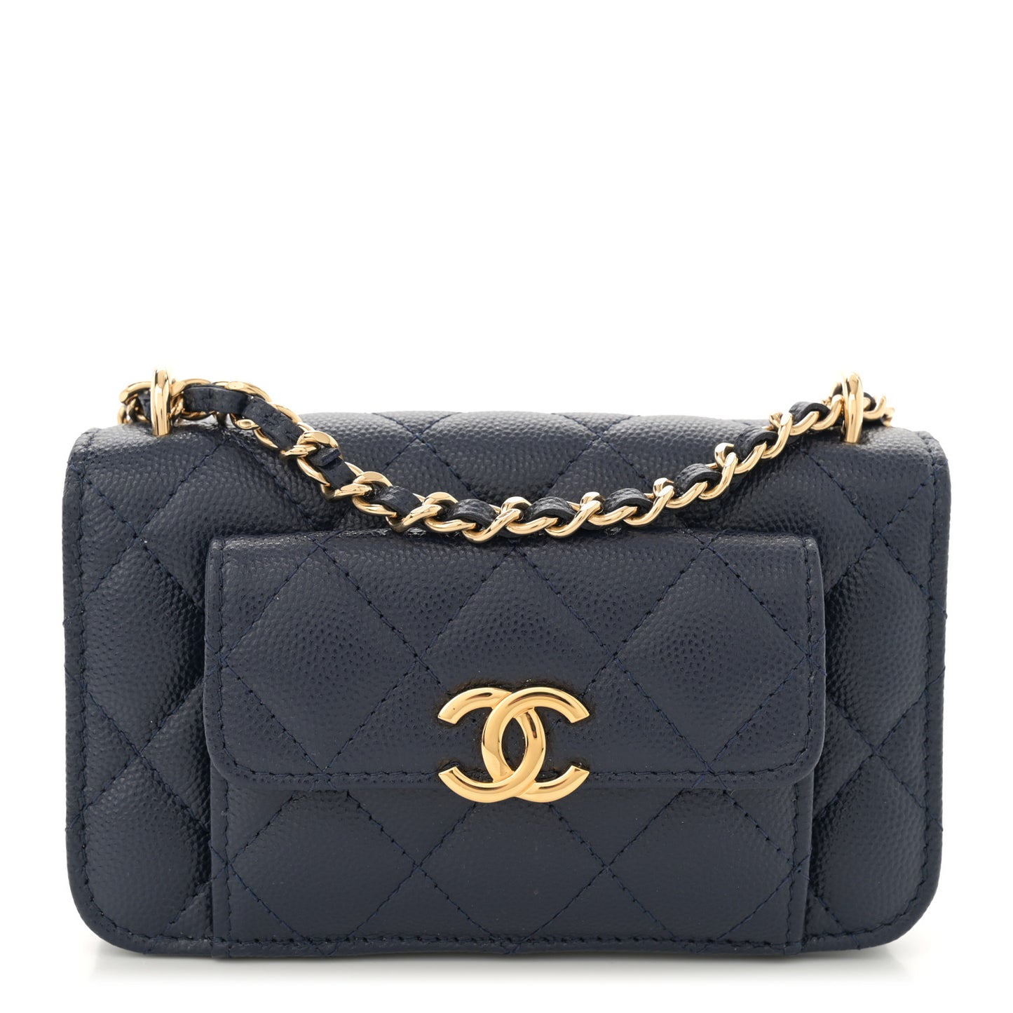 Caviar Quilted Pocket Twins Clutch With Chain Navy Blue