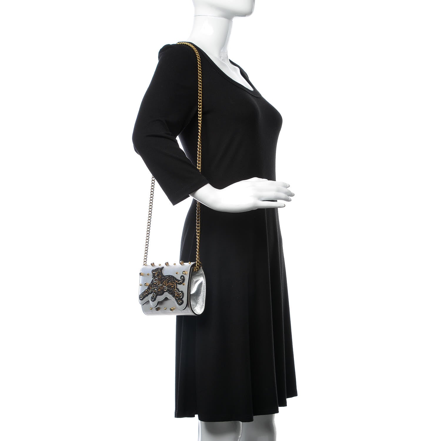 Gucci Metallic Nappa Embellished Tiger Broadway Chain Clutch Silver 2 of 7