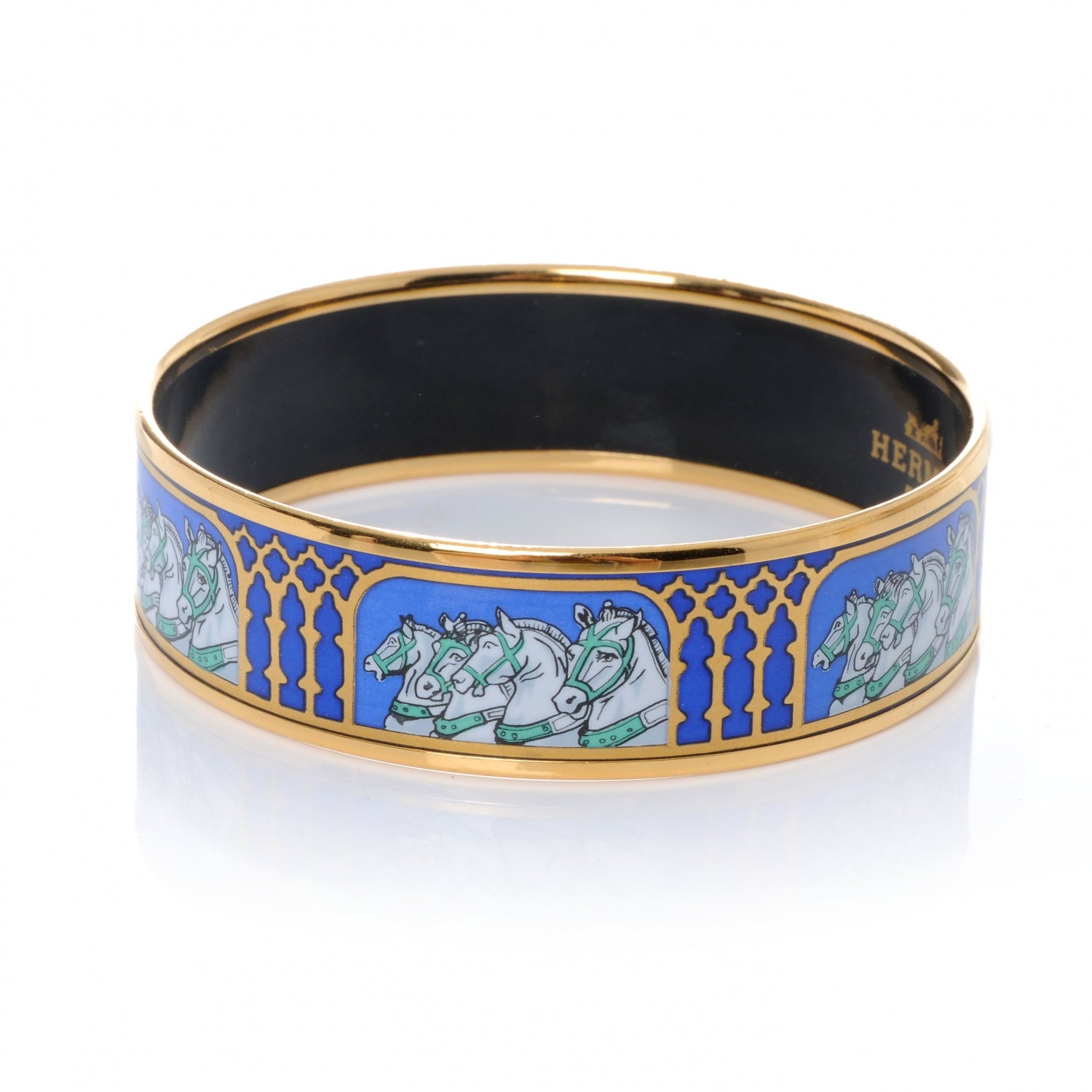 Hermes Enamel Printed Horses Wide Bracelet 65 Bleu 5 of 8
