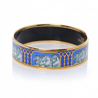 Hermes Enamel Printed Horses Wide Bracelet 65 Bleu 5 of 8