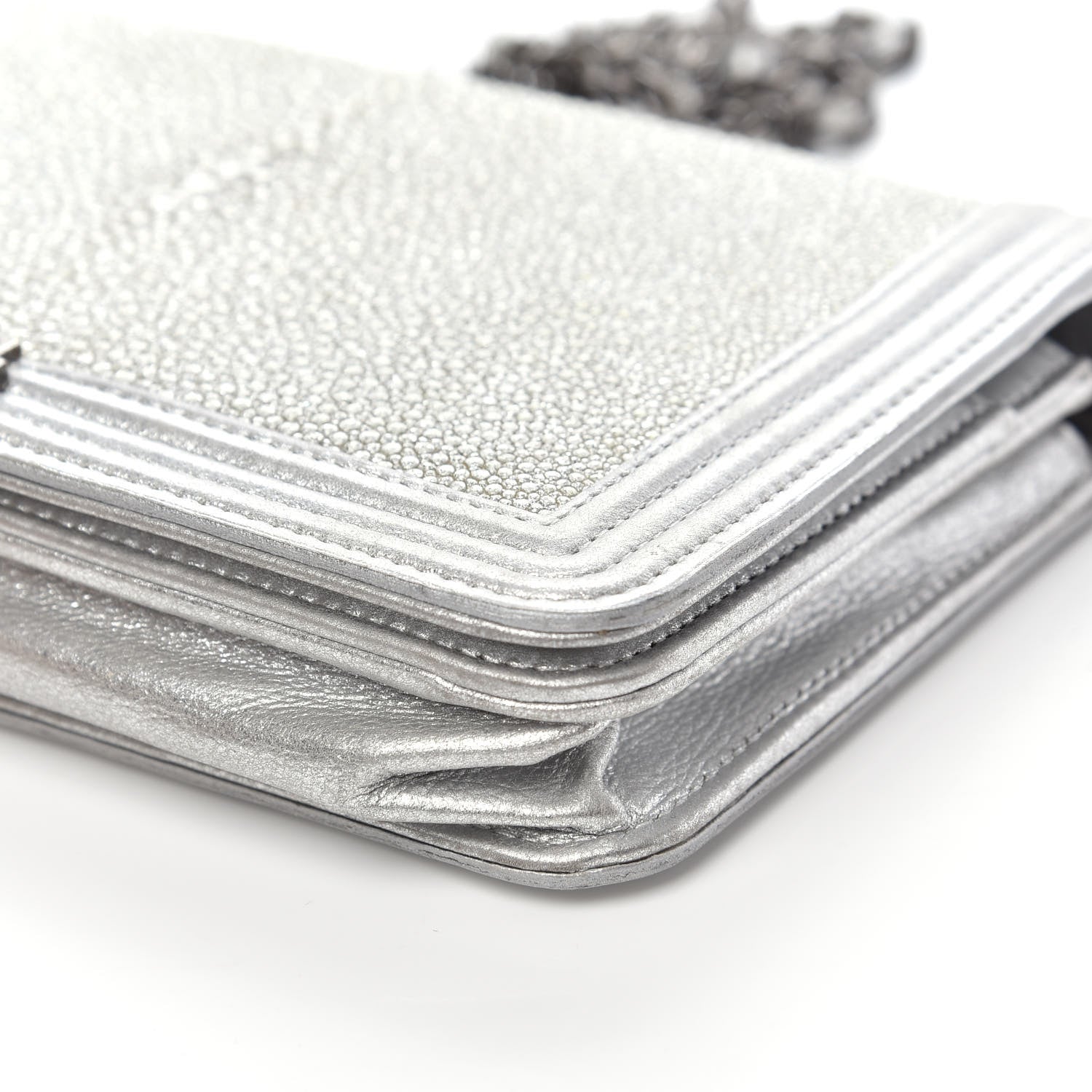 Chanel Metallic Galuchat Stingray Lambskin Boy Wallet On Chain WOC Silver 9 of 14