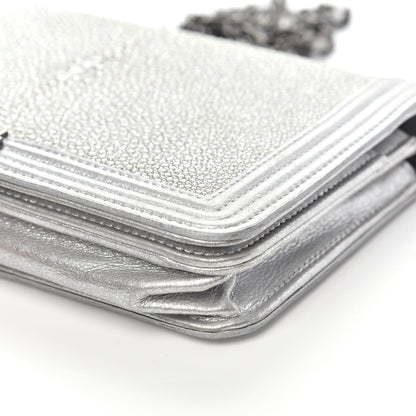 Chanel Metallic Galuchat Stingray Lambskin Boy Wallet On Chain WOC Silver 9 of 14
