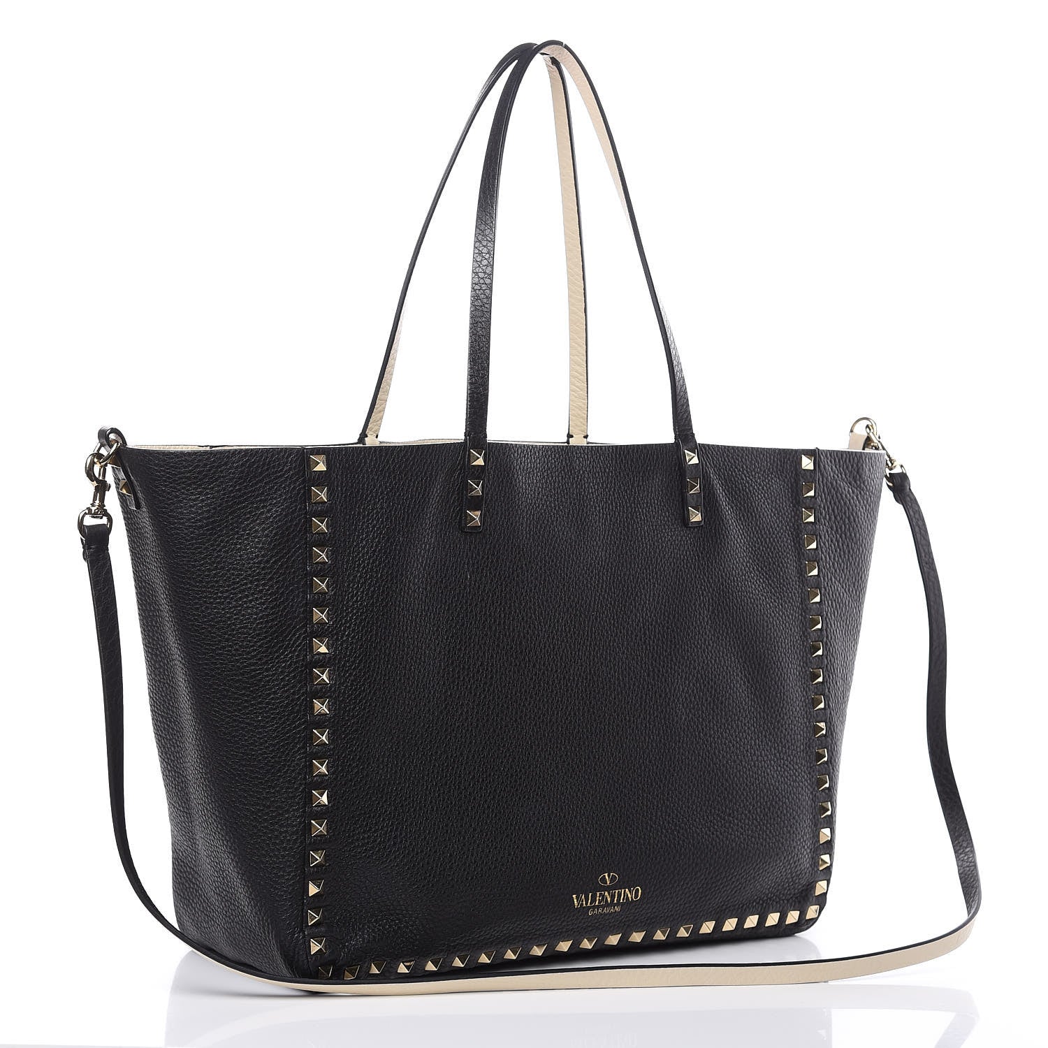 Valentino Garavani Grained Calfskin Medium Rockstud Reversible Tote Black Ivory 5 of 14