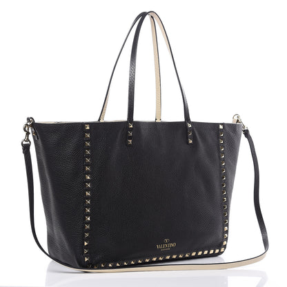 Valentino Garavani Grained Calfskin Medium Rockstud Reversible Tote Black Ivory 5 of 14