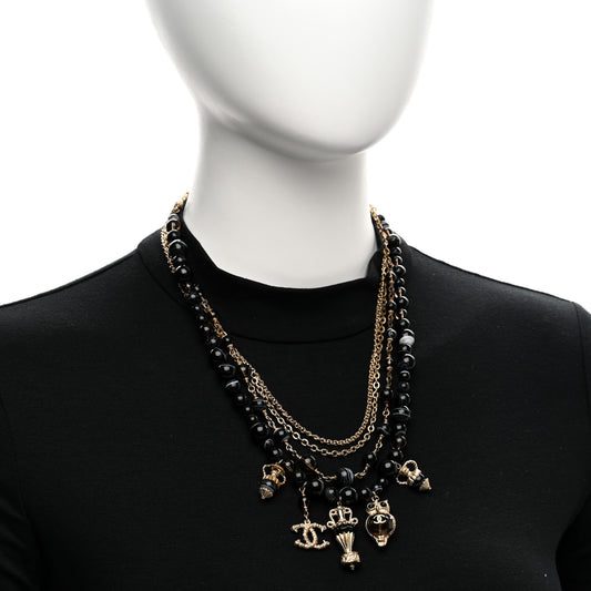 Resin Glass CC Beaded Charms Multi Strand Short Necklace Gold Black