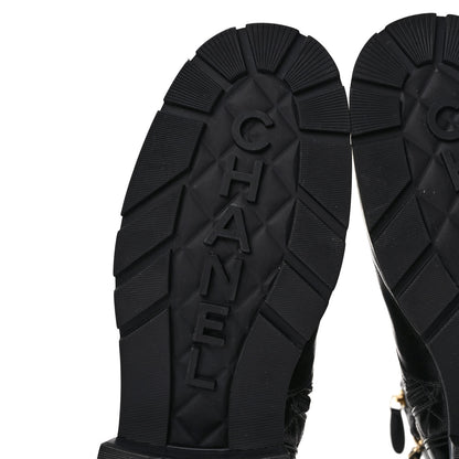 Chanel Shiny Calfskin Patent Quilted Chain Lace Up Combat Boots 40.5 Black 6 of 9