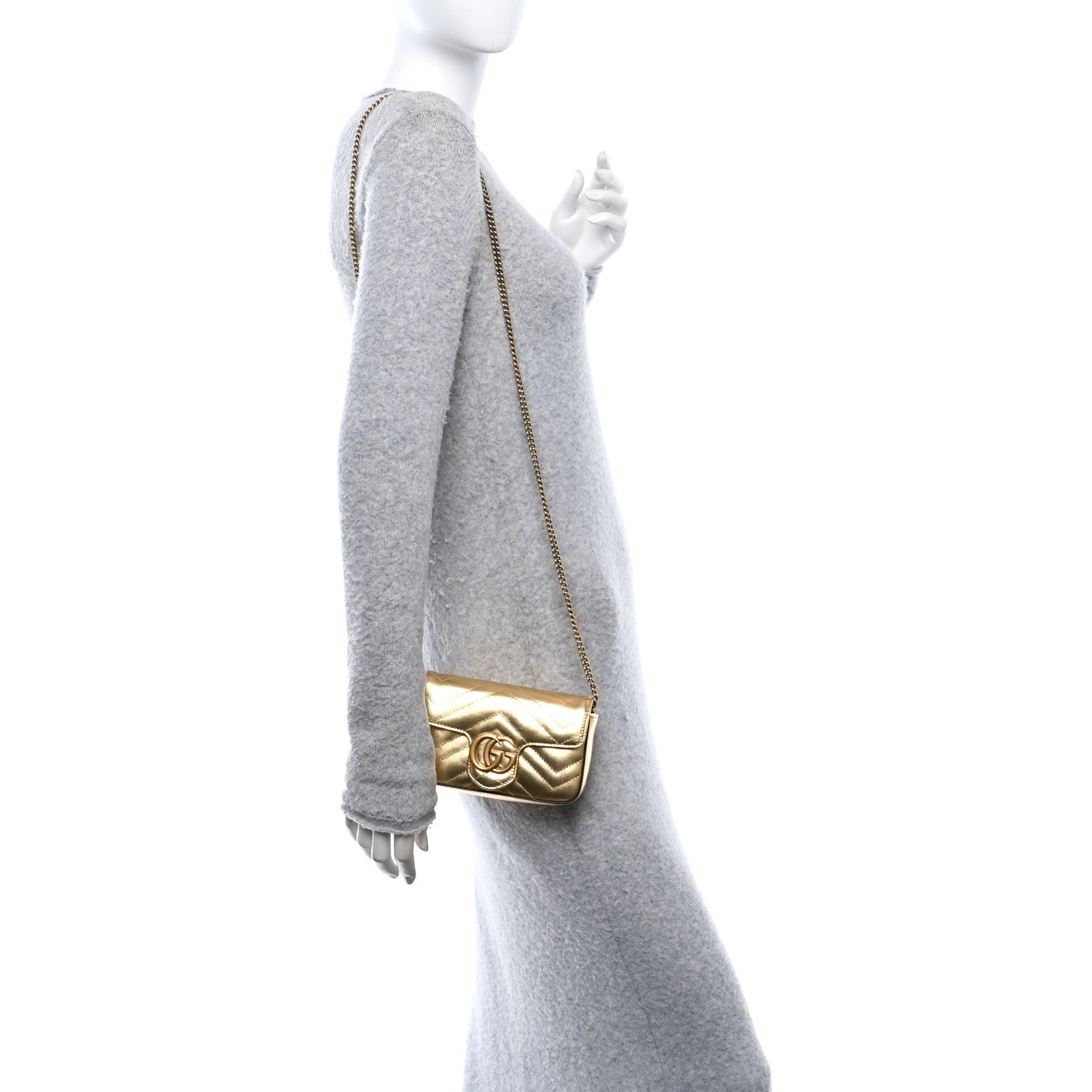 Gucci Metallic Calfskin Matelasse Super Mini GG Marmont Shoulder Bag Gold 2 of 10