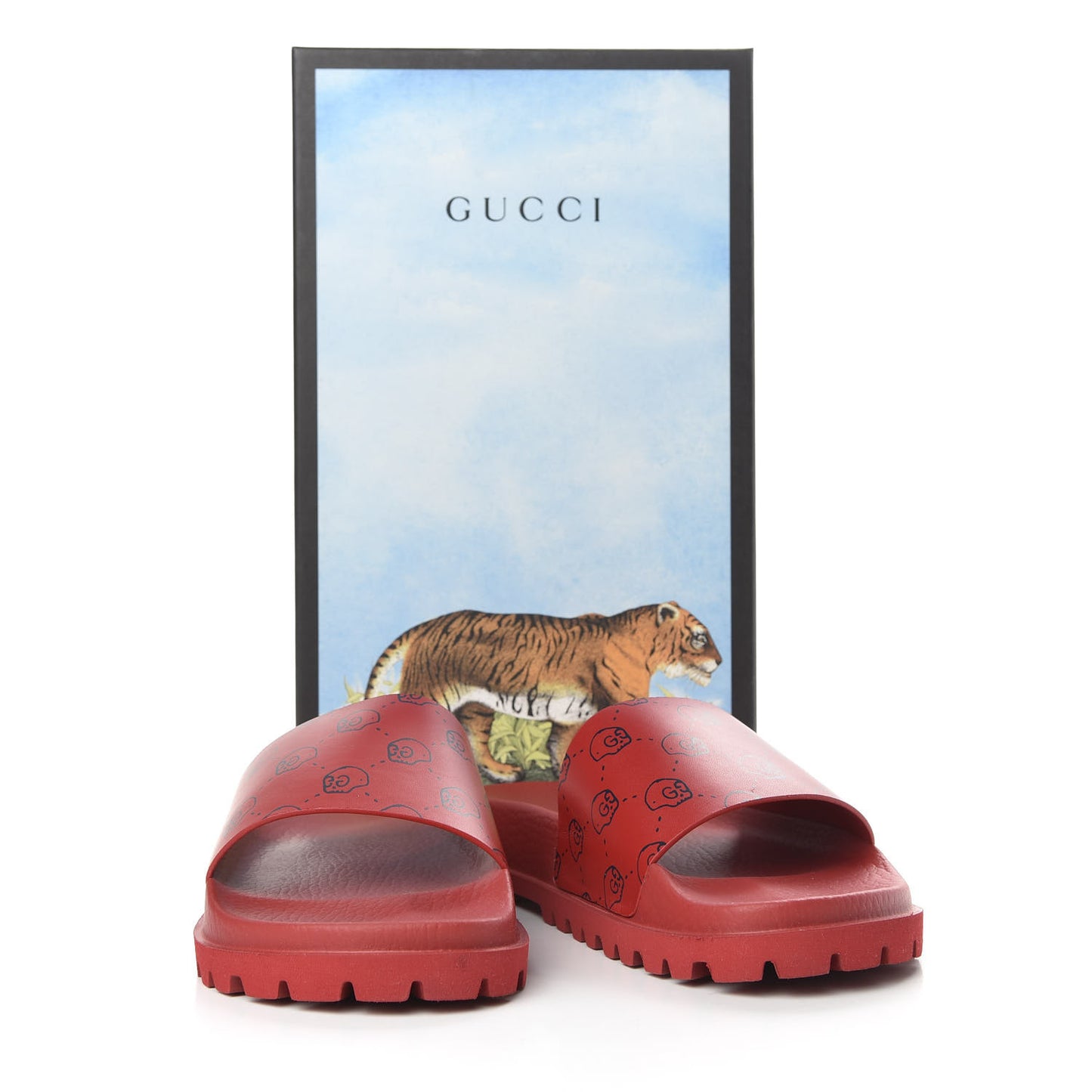 Calfskin Rubber GucciGhost Hamlet Skull Mens Lug Sole Slide Sandals 7 Hibiscus Red Blue Agata