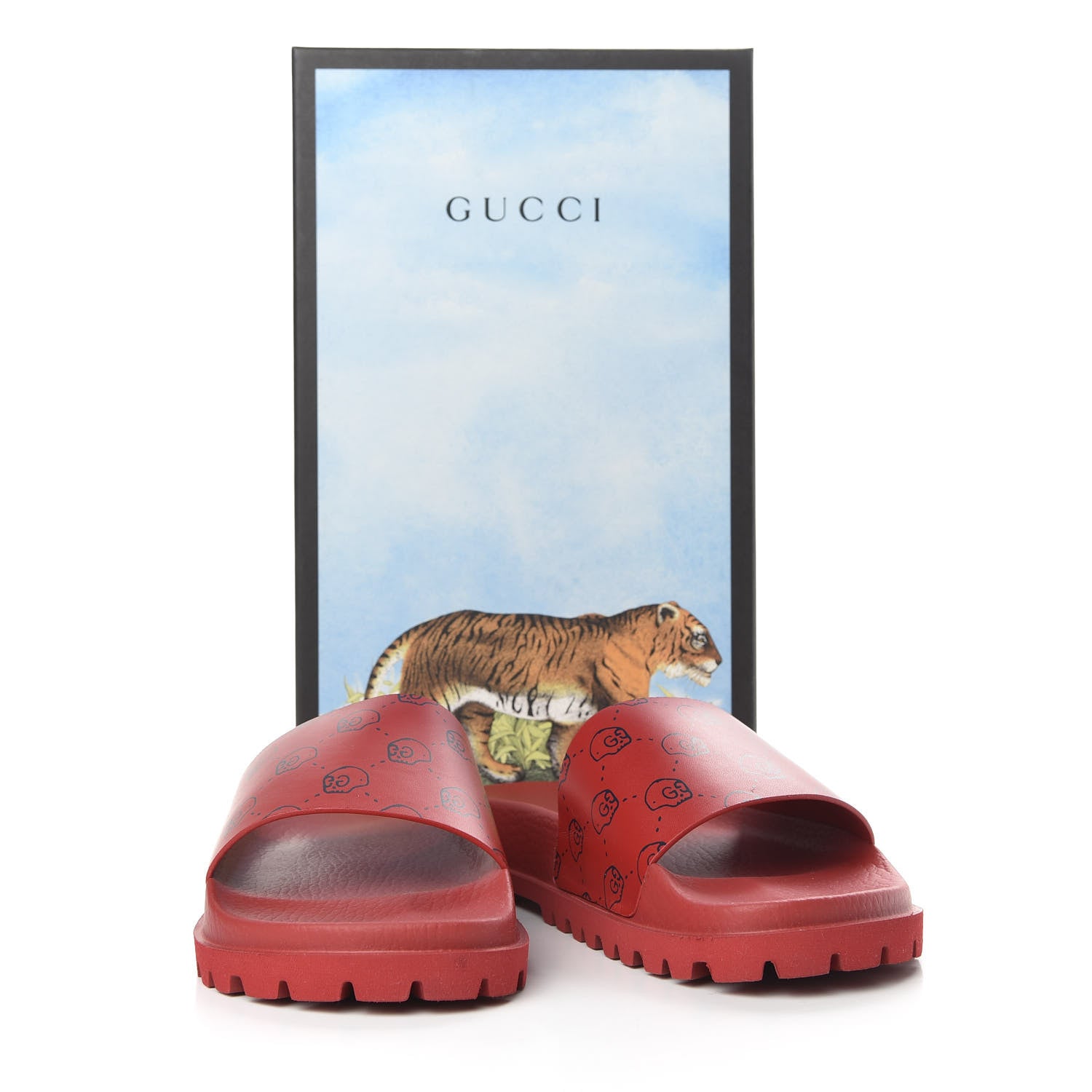 Gucci Calfskin Rubber GucciGhost Hamlet Skull Mens Lug Sole Slide Sandals 7 Hibiscus Red Blue Agata 9 of 9