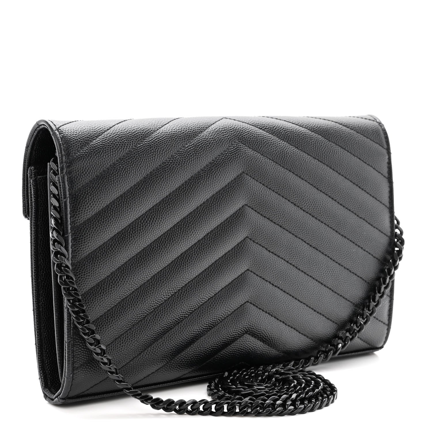 Saint Laurent Grain De Poudre Matelasse Chevron Monogram Monochrome Chain Wallet Black 3 of 12