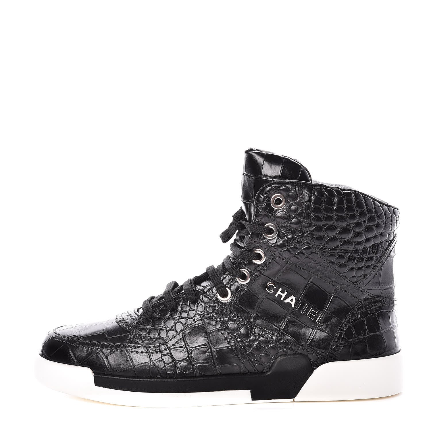 Chanel Calfskin Crocodile Embossed Mens Cocodile High Top Sneakers 43 Black 1 of 8