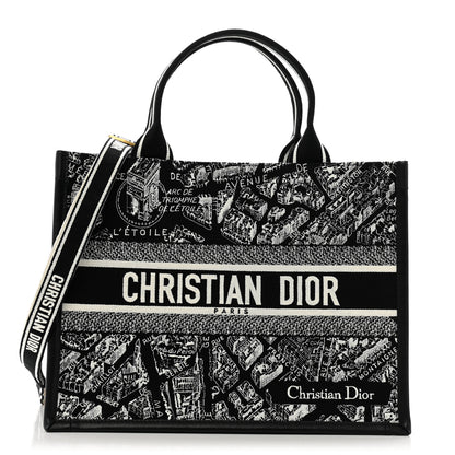 Christian Dior Calfskin Canvas Medium Plan De Paris Book Tote With Strap Black White 1 of 15