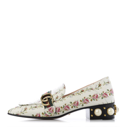Gucci Calfskin Web Pearl Floral Embellished Peyton Loafer 41 White Multicolor 1 of 9