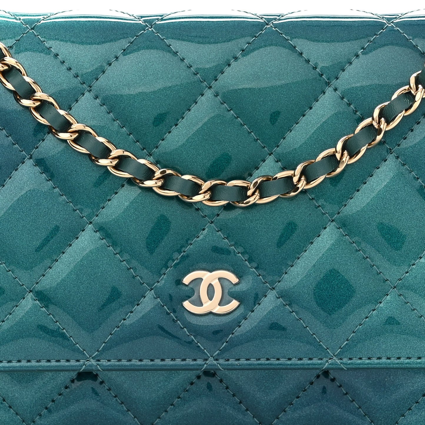 Shaded Patent Calfskin Quilted Wallet On Chain WOC Green Blue