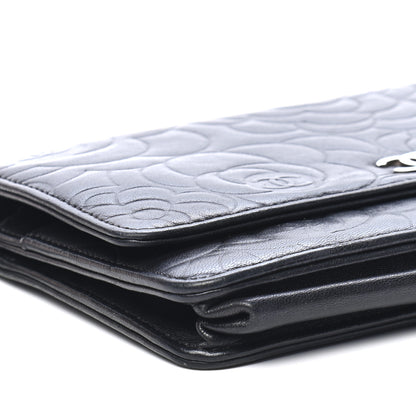 Chanel Lambskin Camellia Embossed Wallet On Chain WOC Black 8 of 9
