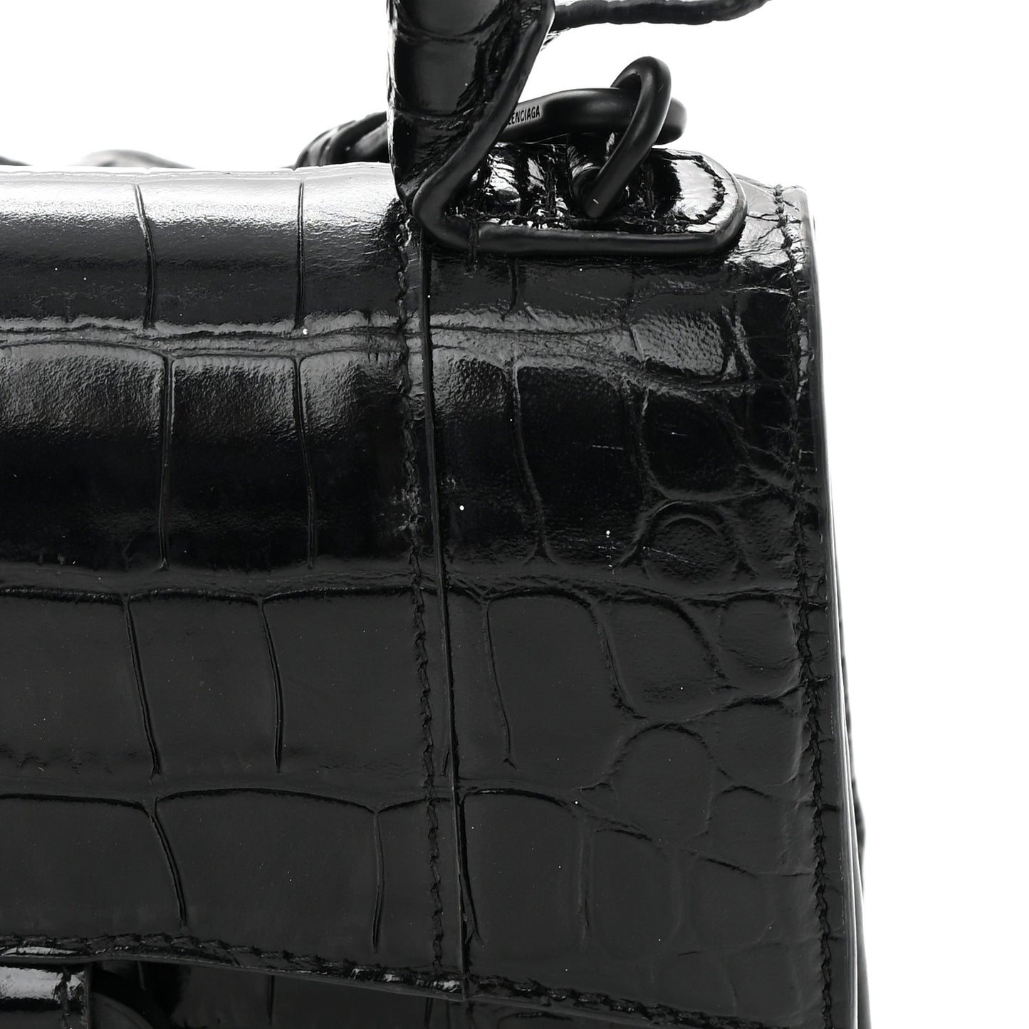 Shiny Calfskin Monochrome Crocodile Embossed Hourglass Top Handle Bag XS Black