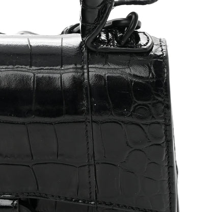 Balenciaga Shiny Calfskin Monochrome Crocodile Embossed Hourglass Top Handle Bag XS Black 23 of 25