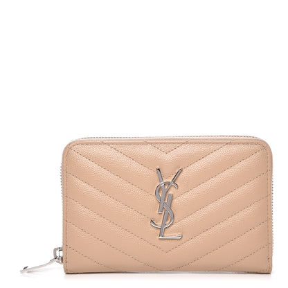 Saint Laurent Grain De Poudre Matelasse Chevron Monogram Zip Around Wallet Dark Beige 1 of 8