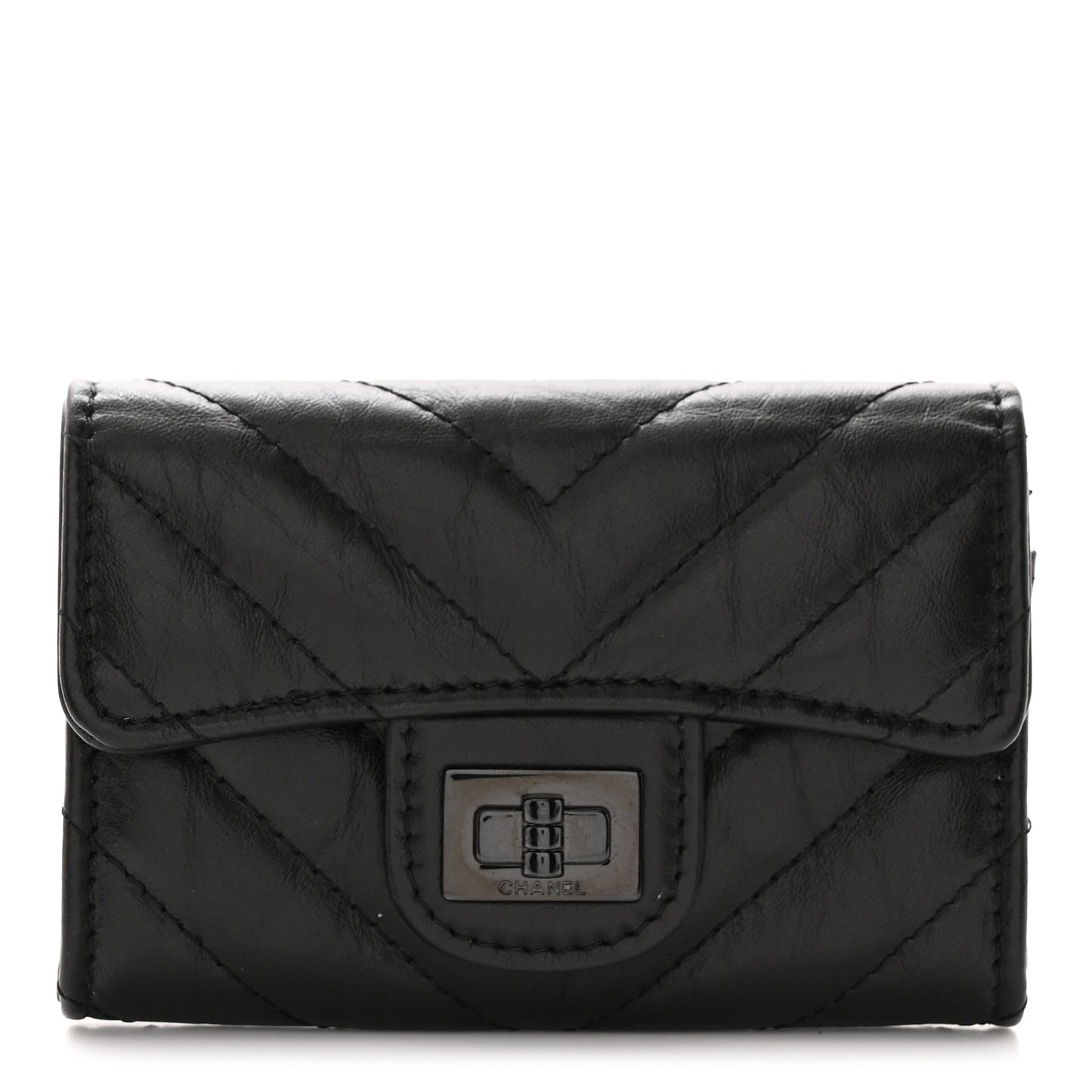 Aged Calfskin Chevron Quilted Reissue Card Holder Wallet So Black
