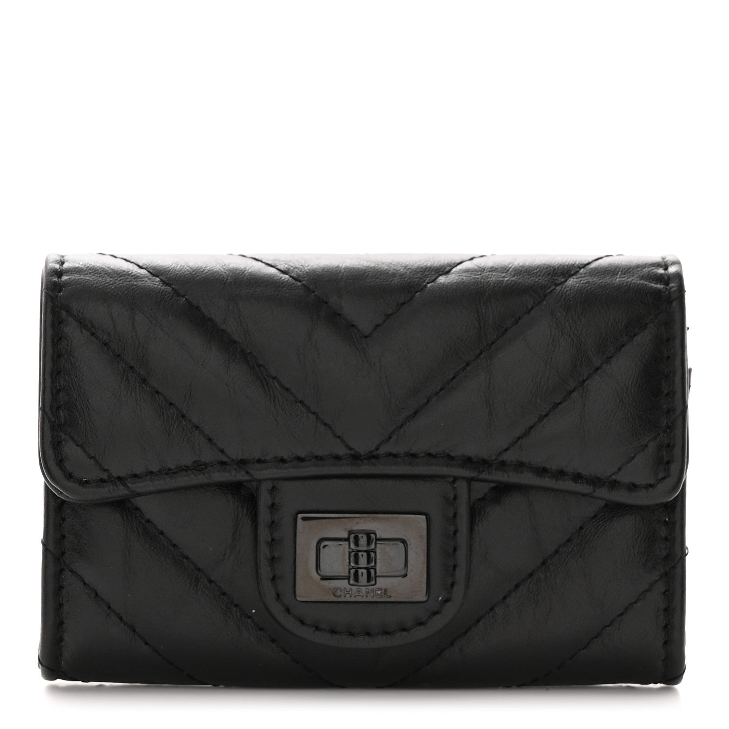 Chanel Aged Calfskin Chevron Quilted Reissue Card Holder Wallet So Black 1 of 8