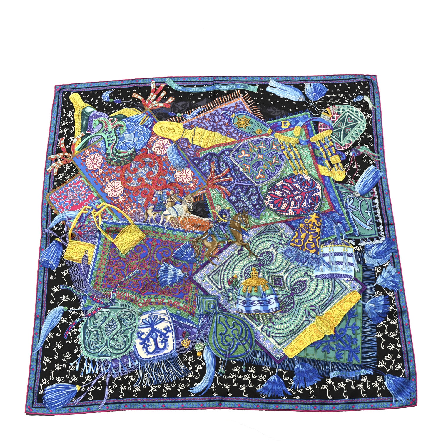 Hermes Silk Cavaliers du Caucase Scarf 90 Black Bleu Vert 1 of 5