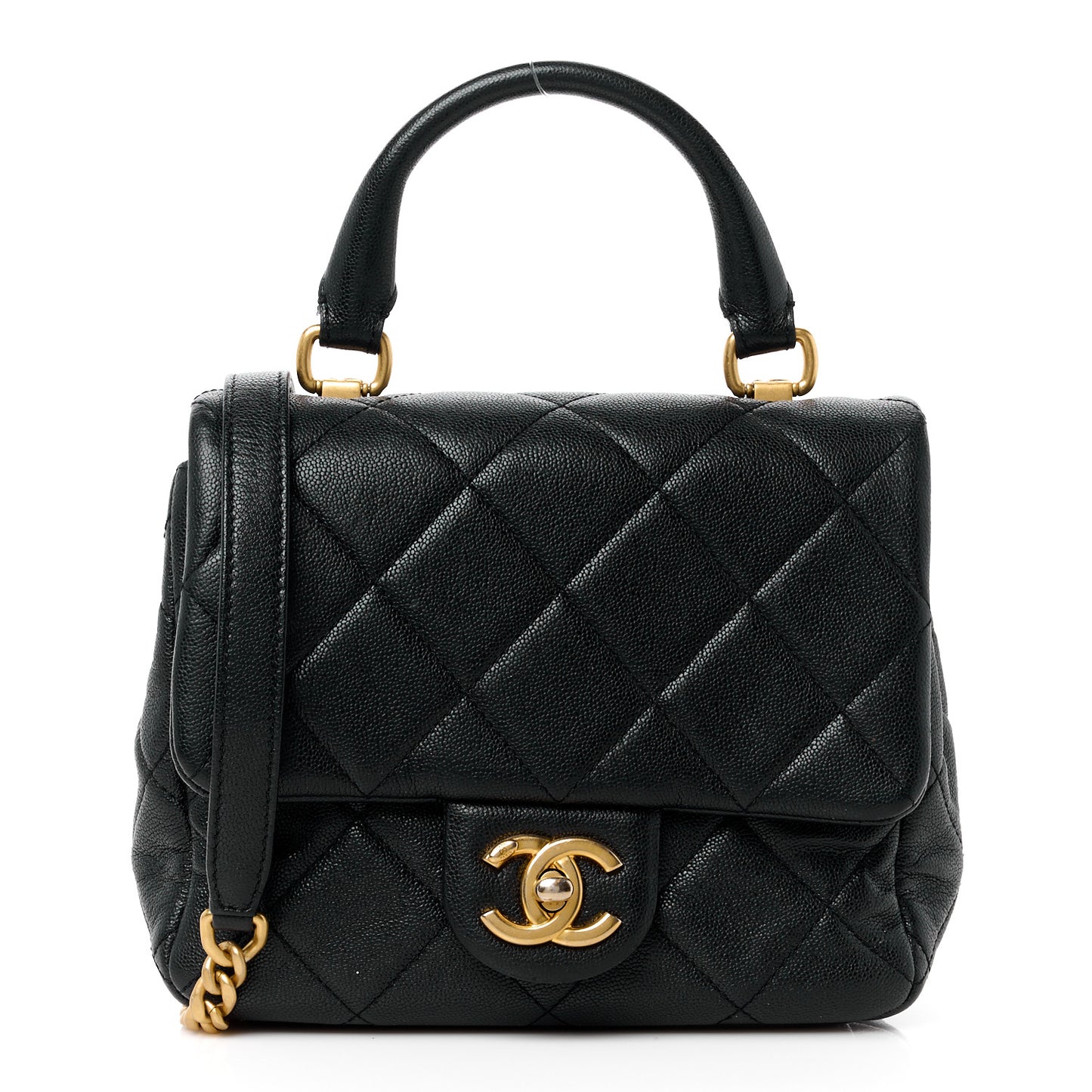 Shiny Caviar Quilted Mini Top Handle Flap Black