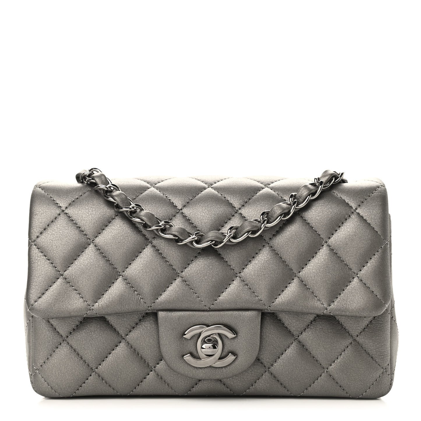 Metallic Calfskin Quilted Mini Rectangular Flap Ruthenium
