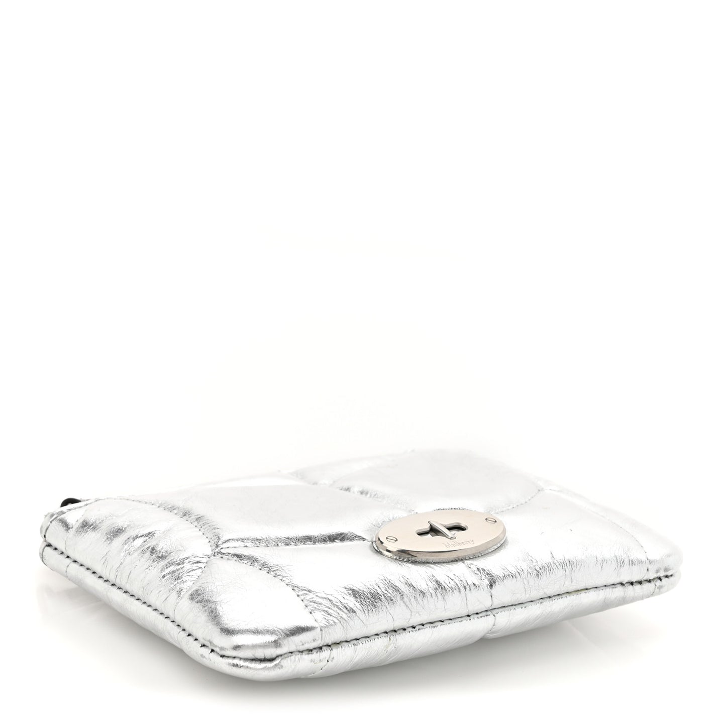 Metallic Crinkled Calfskin Softie Zip Coin Pouch Silver