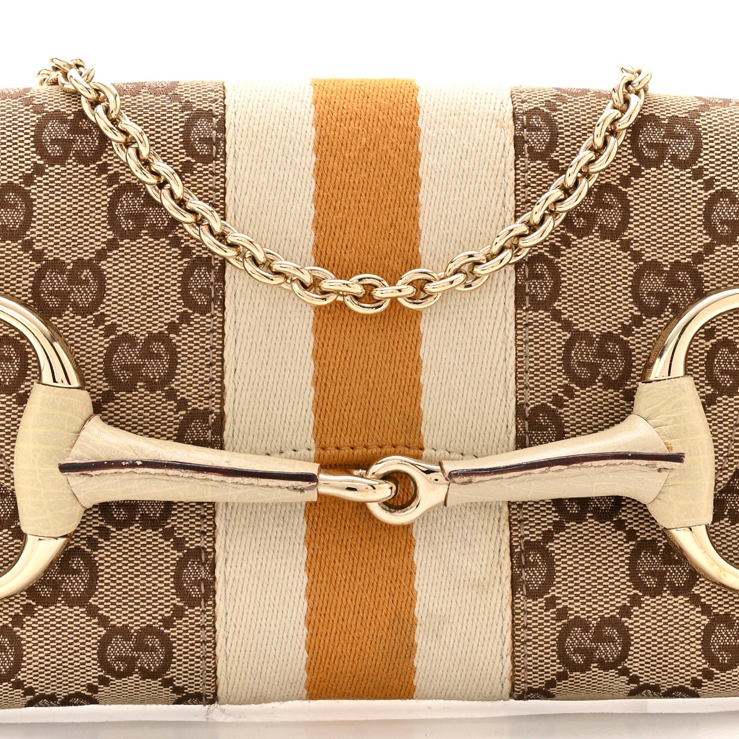 Monogram Web Small Horsebit Chain Clutch Off White