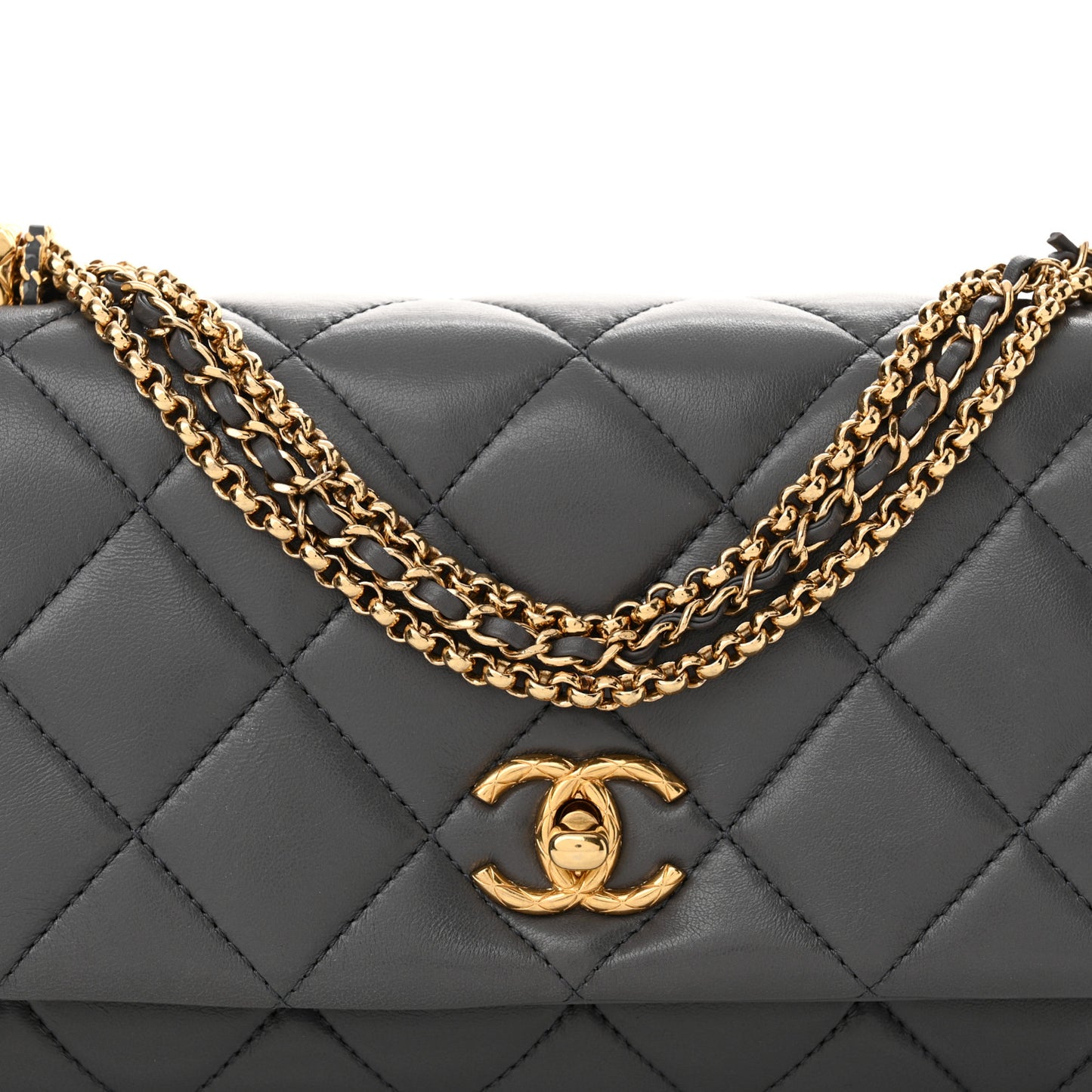 Shiny Lambskin Quilted Multi Stand Flap Grey